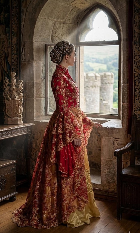 Vintage Red Turkish Wedding Dress: Embroidered Ottoman Kaftan (XS-M)