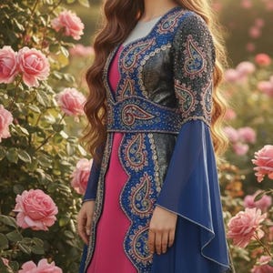 Vintage Blue Turkish Wedding Dress: Beaded Ottoman Kaftan, Size S-M