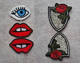 Set Lip Patches Lips Rolling Stones embroidered Tongue patch Kissing Lips 5 Patch Accessory set of  pieces glitter pink red kiss pucker