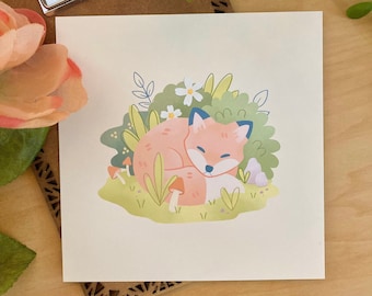 Forest Fox Mini Art Print - Physical Copy, Woodland Illustration, Hand-drawn Art