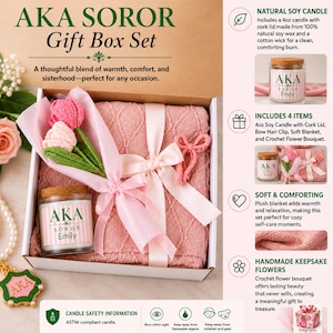 May include: A gift box set containing a pink knitted blanket, a 4oz soy candle with a cork lid, and a crochet tulip bouquet. The candle label reads AKA SOROR Emily. The set includes a pink ribbon, a crochet bow hair clip, and a green AKA emblem.