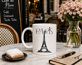 Paris Mug, Eiffel Tower Coffee Mug, France Lover Gift, Black White Ceramic Mug, Paris Gift for Her, 15oz Travel Coffee Cup
