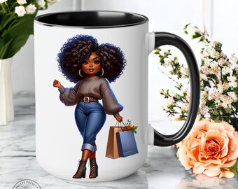 Taza mágica de café para chica negra, mujer afro, diva de las compras, regalo para tu mejor amiga