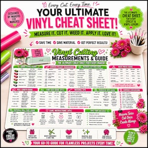 May include: A large, rectangular vinyl cheat sheet reference guide featuring pink, green, and black text on a white background. It includes detailed charts for vinyl types, project measurements, material settings, heat press guides, and conversion tables.