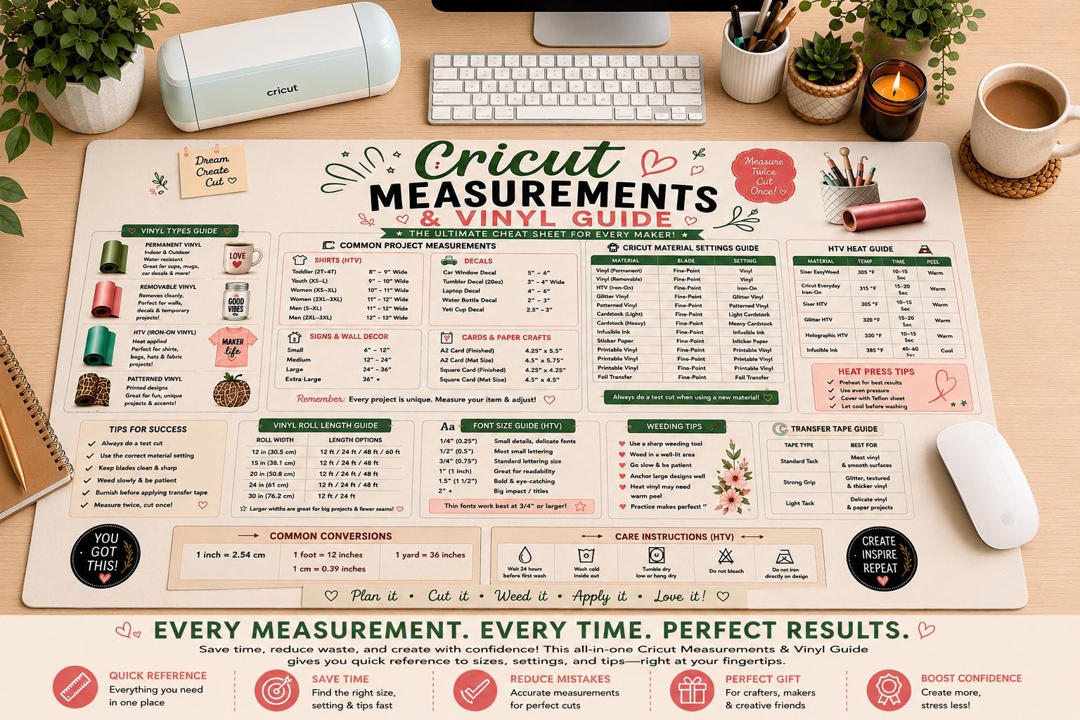 Cricut Measurements and Vinyl Guide Desk Mat, Crafting Reference Pad - Etsy