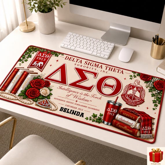 Personalized Delta Sigma Theta Sorority Desk Mat | Greek Letters Rose Crest