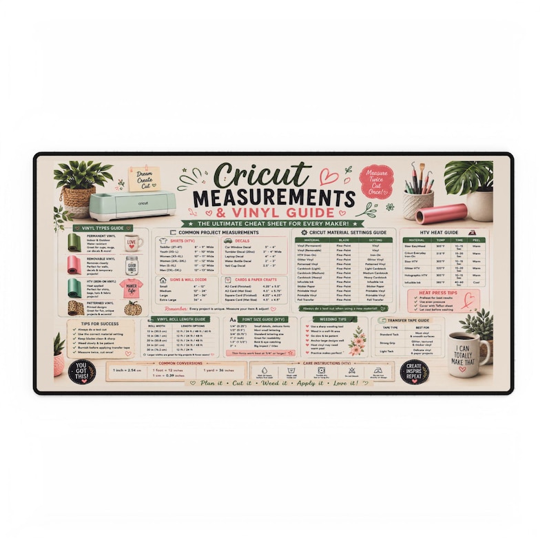 Cricut Measurements and Vinyl Guide Desk Mat, Crafting Reference Pad - Etsy