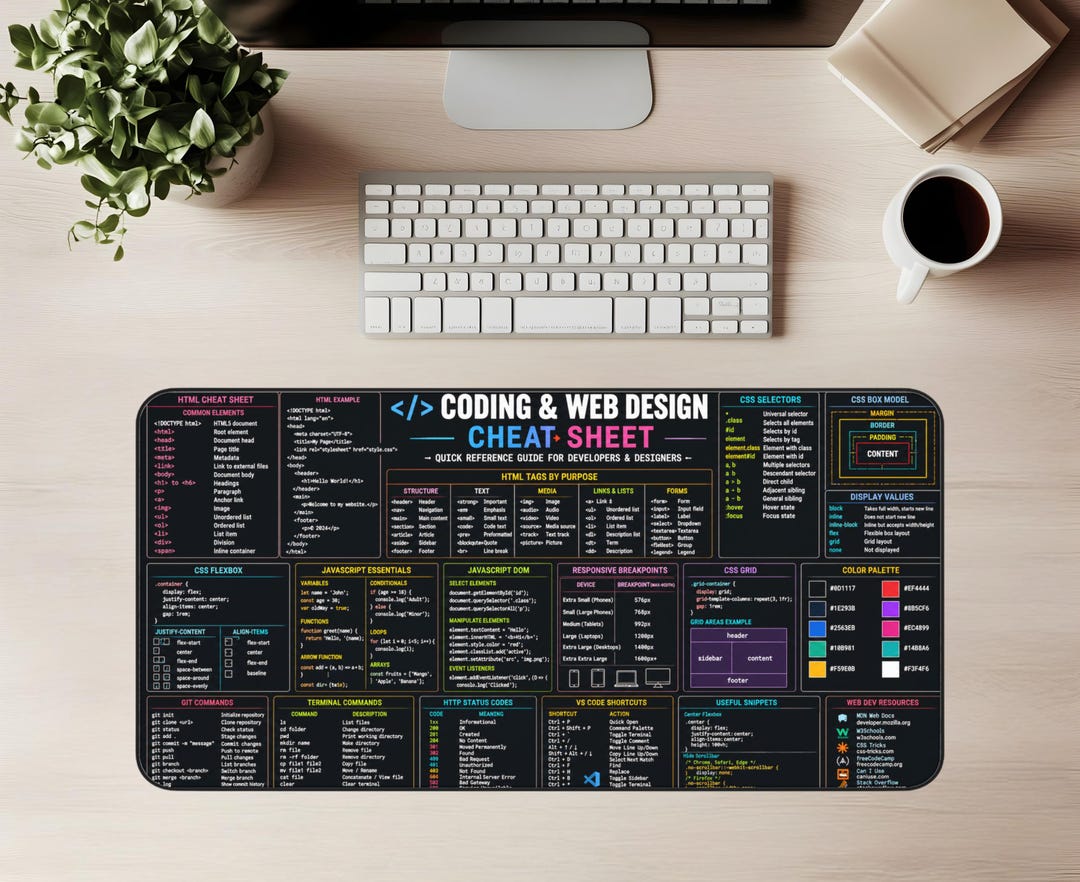 Coding Cheat Sheet Desk Mat | HTML CSS Javascript Reference, Programmer ...