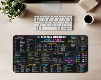 May include: A black rectangular desk mat with the text "CODING & WEB DESIGN CHEAT-SHEET" in white and blue. The mat includes HTML, CSS, and JavaScript references, along with color palettes and code examples. A keyboard, mouse, and coffee cup are visible.