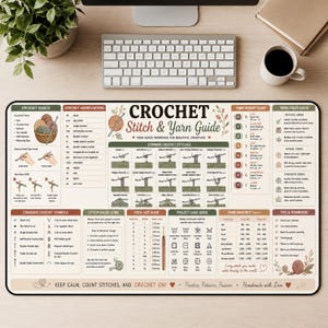 May include: A rectangular crochet stitch and yarn guide mat with various crochet symbols, abbreviations, and stitch guides. The mat includes a yarn weight guide, yarn fiber guide, and project care guide. The text "CROCHET Stitch & Yarn Guide" is prominently displayed.