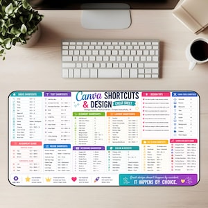 May include: A rectangular mousepad featuring a colorful Canva shortcuts and design cheat sheet. The pad includes various shortcut categories, design tips, and a Canva tools shortcuts section. The text "Great design doesn't happen by accident. It happens by choice" is also included.