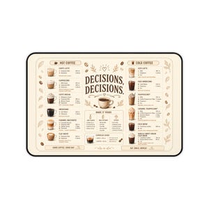 May include: A rectangular cream-colored desk mat featuring a coffee menu titled Decisions, Decisions. It lists hot and cold coffee recipes with illustrations of various drinks, ingredient measurements in ml, and a section for milk and flavor options.