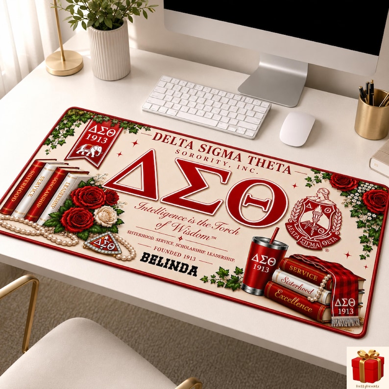 May include: A rectangular desk mat featuring Delta Sigma Theta Sorority, Inc. branding in crimson and cream. The design includes the Greek letters &Delta;&Sigma;&Theta;, the sorority crest, red roses, stacks of books labeled with core values, and the name BELINDA.