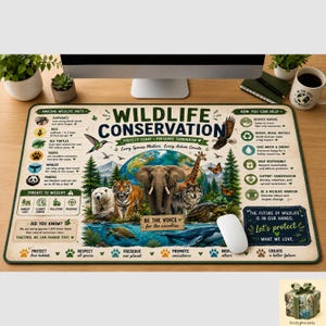 May include: A rectangular desk mat featuring a wildlife conservation theme with illustrations of an elephant, tiger, polar bear, giraffe, wolf, whale, and sea turtle. The mat includes text about wildlife facts, conservation tips, and the phrase Wildlife Conservation: Protect Today, Preserve Tomorrow.