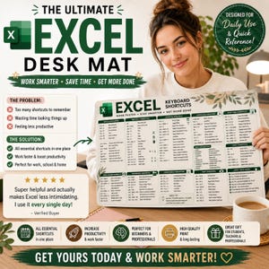 Może przedstawiać: Prostokątna podkładka na biurko zawierająca kompleksowy przewodnik po skrótach klawiszowych programu Microsoft Excel. Podkładka prezentuje uporządkowane sekcje dotyczące nawigacji, edycji danych, formatowania i formuł w ciemnozielonym tekście.