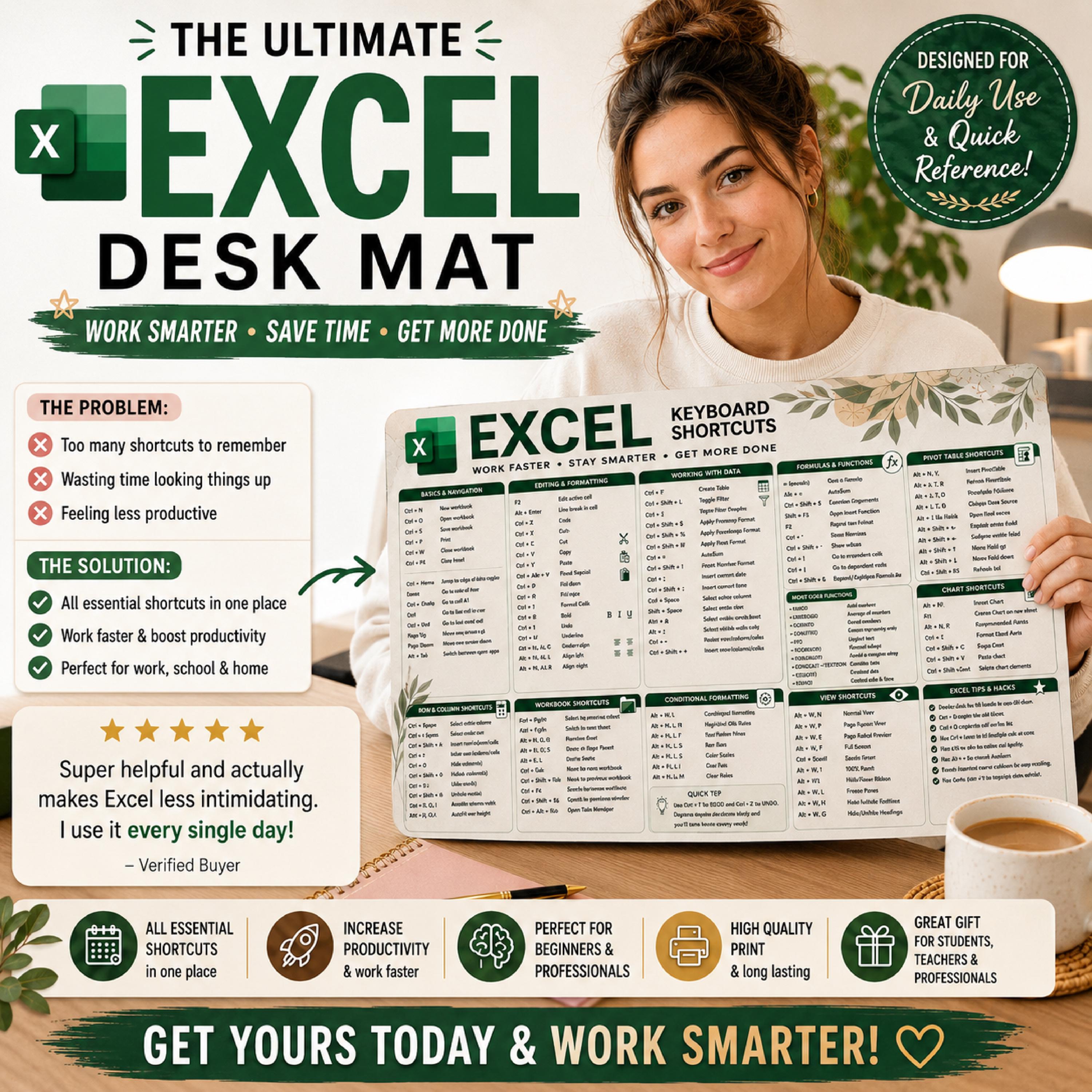 Excel Keyboard Shortcuts Desk Mat, Productivity Cheat Sheet Mouse Pad ...