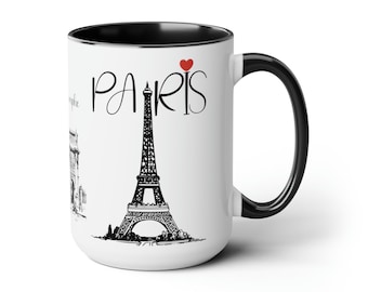 パリマグ、エッフェル塔、J'Adore Paris、ノベルティコーヒーマグ、彼女へのギフト、黒と白のコーヒーマグ、15オンス