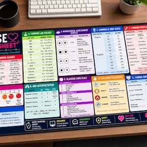 May include: A black and blue nurse's cheat sheet with vital signs, pain scale, lab values, and medication information. The sheet includes a quick reference guide for everyday essentials. A keyboard, coffee cup, and plant are in the background.