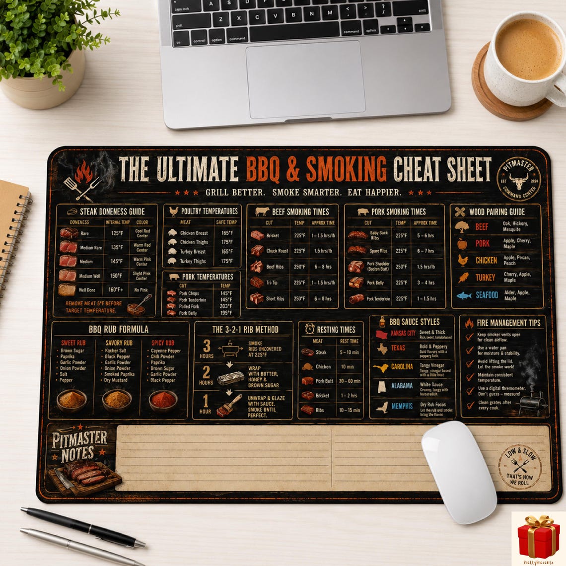 BBQ & Smoking Cheat Sheet Desk Mat, Grill Temperature Guide, Pitmaster ...
