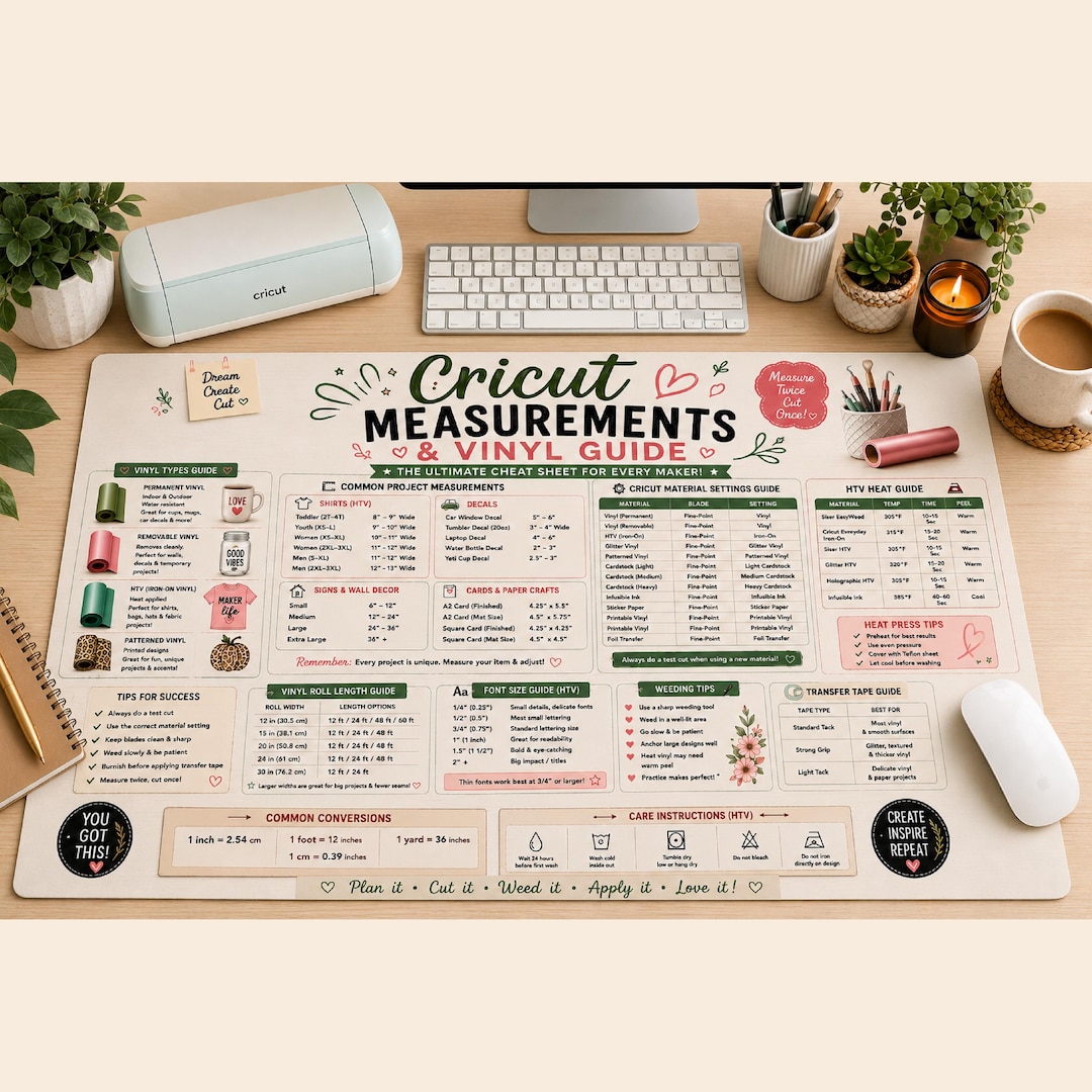 Cricut Measurements and Vinyl Guide Desk Mat, Crafting Reference Pad - Etsy