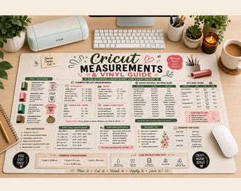 May include: A beige Cricut Measurements & Vinyl Guide mat with detailed information for makers. The mat includes common project measurements, vinyl type guides, and heat press tips. A Cricut machine, keyboard, and mouse are also visible.