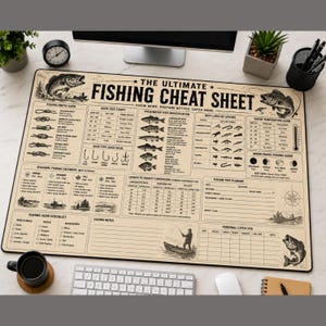Może przedstawiać: Prostokątna podkładka na biurko z beżowym tłem, czarnym tekstem i ilustracjami zatytułowana The Ultimate Fishing Cheat Sheet. Zawiera przewodniki dotyczące węzłów wędkarskich, rozmiarów haczyków, identyfikacji ryb, przynęt oraz dziennik połowów.