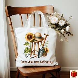 Gardening Tote Bag: &quot;Grow Your Own Happiness&quot; Eco-Friendly Canvas