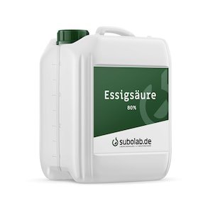Könnte beinhalten: Weißer Kunststoffbehälter mit grünem Deckel und Etikett. Das Etikett trägt die Aufschrift "Essigsäure 80%" und "subolab.de".