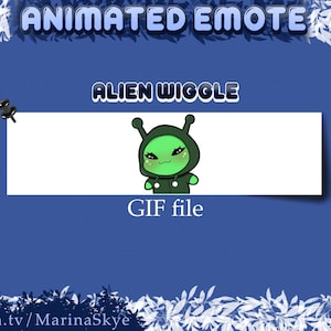 May include: Animated GIF of a green alien with a large head and big eyes, wearing a green hooded jumpsuit, wiggling its body. The text "Alien Wiggle" is above the GIF and "GIF file" is below the GIF.