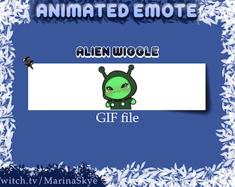 Puede incluir: GIF animado de un extraterrestre verde con una cabeza grande y ojos grandes, que lleva un mono verde con capucha, moviendo su cuerpo. El texto "Alien Wiggle" está por encima del GIF y "GIF file" está por debajo del GIF.
