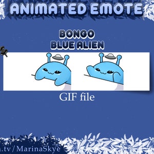 May include: Animated GIF of a blue alien with a flying saucer on its head. The alien is waving and smiling. The text "Bongo Blue Alien" is above the alien. The text "GIF file" is below the alien.