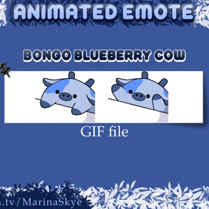 Op de afbeelding: Geanimeerde emote met een blauwe koe met een bosbessendesign, getiteld "Bongo Blueberry Cow". De GIF-bestand toont de koe die over een wit oppervlak kijkt. De achtergrond is donkerblauw met witte bladaccenten. Tekst bevat "Animated Emote" en "GIF file".