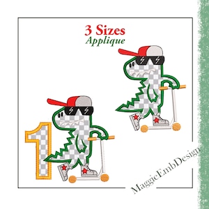 May include: Applique design featuring a green dinosaur wearing a red cap and sunglasses, riding a scooter. The design includes the number 1 and the text "3 Sizes Applique". The design is on a white background.