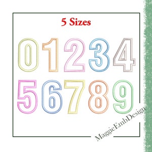 May include: A set of ten colorful outlined numbers, 0 through 9, in five different sizes. The numbers are outlined in a variety of colors, including pink, yellow, blue, and green. The text "5 Sizes" is at the top of the image.
