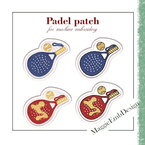 May include: Four embroidered patches depicting padel rackets and tennis balls. Two patches have blue rackets, and two have red rackets. The text "Padel patch for machine embroidery" is at the top. The artist's name, "MaggieEmbDesign", is at the bottom.