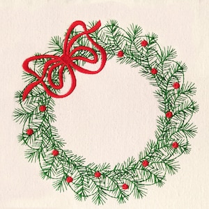 May include: A green Christmas wreath with a red bow. The wreath is made of pine branches and has red berries.