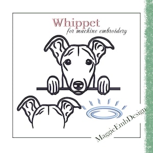 Peut inclure: Un motif de chien Whippet noir et blanc pour la broderie machine. Le motif comprend la tête et les pattes d'un Whippet, une tête partielle et un halo. Le texte "Whippet for machine embroidery" est en rose.