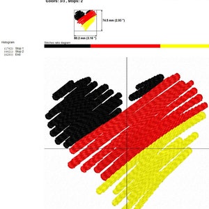 Puede incluir: Un dise&ntilde;o de bordado en forma de coraz&oacute;n con los colores de la bandera alemana: negro, rojo y amarillo. El dise&ntilde;o mide 80,2 mm de ancho y 74,5 mm de alto. El archivo de bordado es para una m&aacute;quina de bordar Tajima.