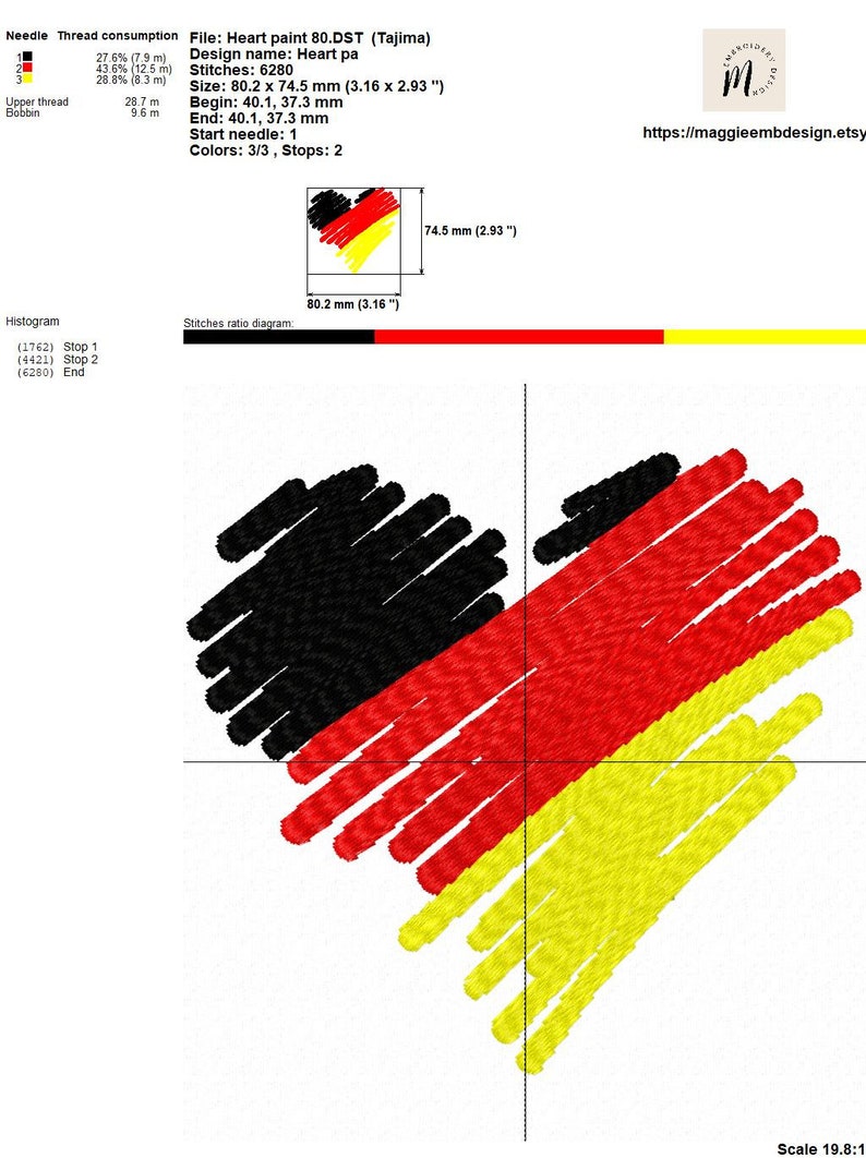Puede incluir: Un dise&ntilde;o de bordado en forma de coraz&oacute;n con los colores de la bandera alemana: negro, rojo y amarillo. El dise&ntilde;o mide 80,2 mm de ancho y 74,5 mm de alto. El archivo de bordado es para una m&aacute;quina de bordar Tajima.