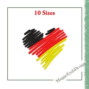 Puede incluir: Un dise&ntilde;o en forma de coraz&oacute;n en los colores de la bandera alemana: negro, rojo y amarillo. El dise&ntilde;o est&aacute; formado por muchas l&iacute;neas peque&ntilde;as, lo que le da un aspecto texturizado. El texto "10 tama&ntilde;os" est&aacute; por encima del coraz&oacute;n, y el texto "MaggieEmbDesign" est&aacute; por debajo del coraz&oacute;n.