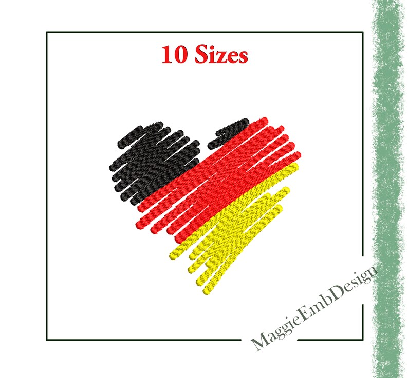 Puede incluir: Un dise&ntilde;o en forma de coraz&oacute;n en los colores de la bandera alemana: negro, rojo y amarillo. El dise&ntilde;o est&aacute; formado por muchas l&iacute;neas peque&ntilde;as, lo que le da un aspecto texturizado. El texto "10 tama&ntilde;os" est&aacute; por encima del coraz&oacute;n, y el texto "MaggieEmbDesign" est&aacute; por debajo del coraz&oacute;n.