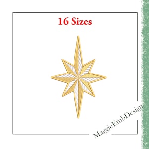 May include: A gold and white star with 8 points. The star is a digital embroidery design available in 16 sizes. The text "16 Sizes" is above the star.