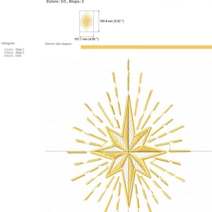 May include: A gold star with white accents and a burst of rays, a digital embroidery design for a Christmas star. The design is 4 inches by 5.92 inches and has 9918 stitches.