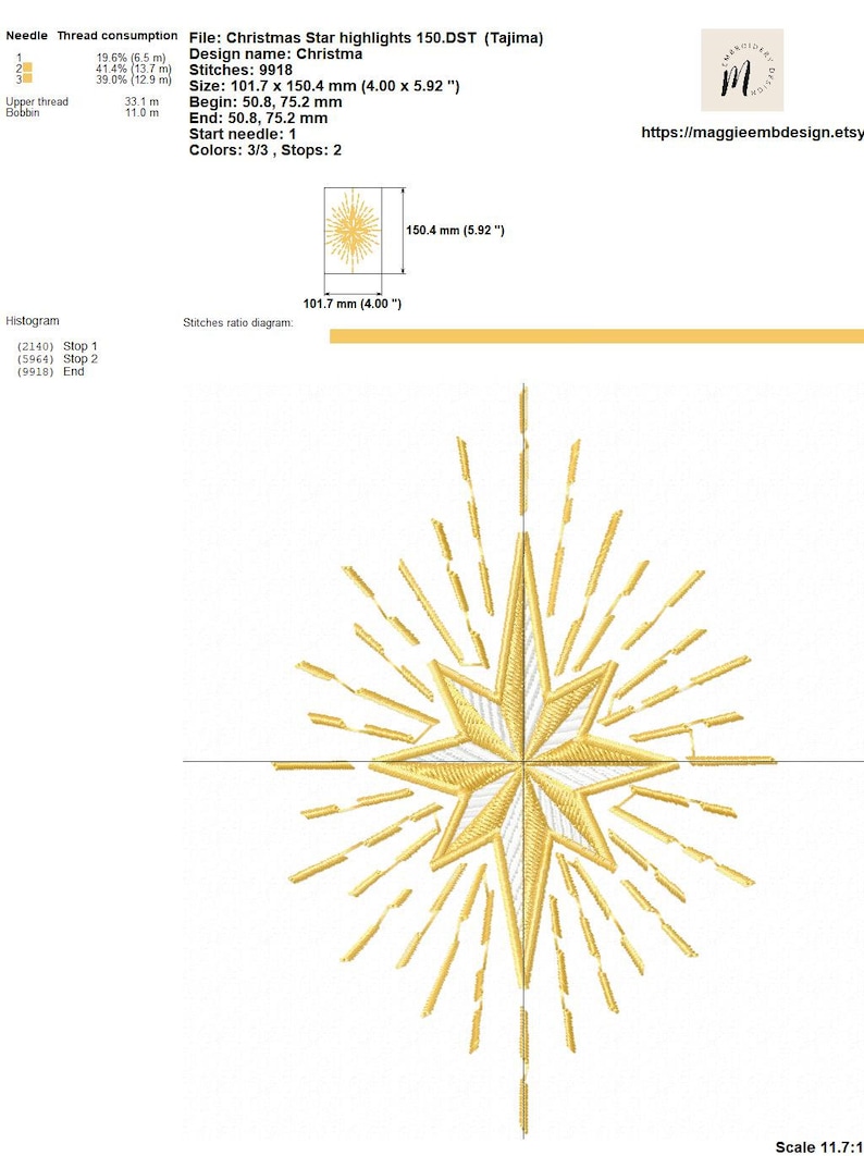 May include: A gold star with white accents and a burst of rays, a digital embroidery design for a Christmas star. The design is 4 inches by 5.92 inches and has 9918 stitches.