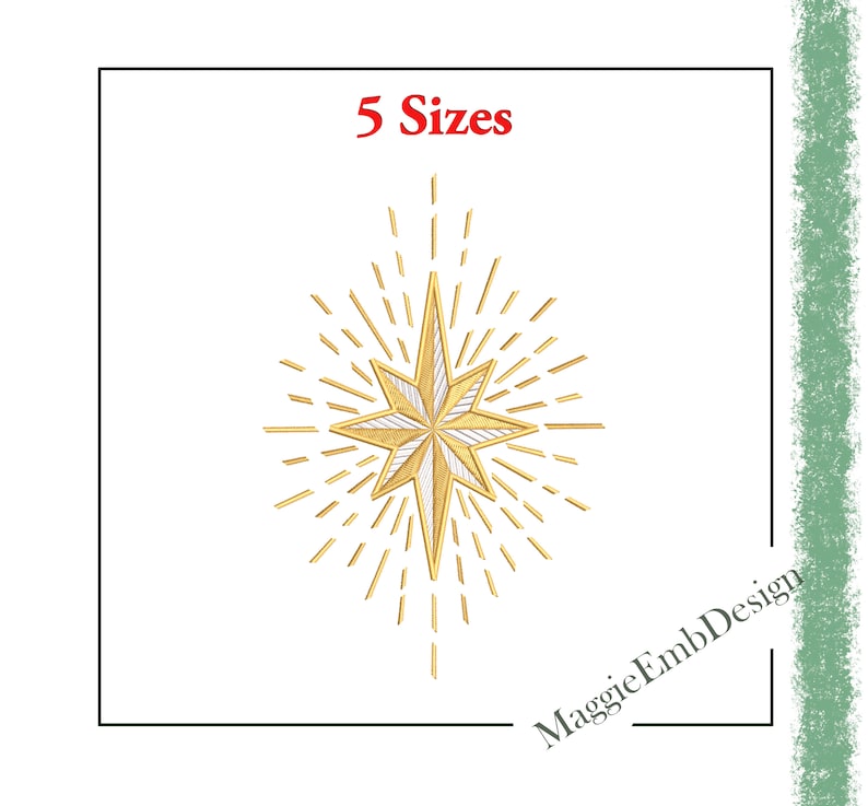 May include: Gold star with white rays, 5 sizes, embroidery design, MaggieEmbDesign