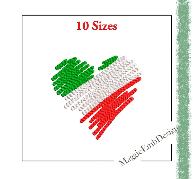 Puede incluir: Un dise&ntilde;o de coraz&oacute;n bordado en los colores de la bandera italiana: verde, blanco y rojo. El texto "10 tama&ntilde;os" est&aacute; por encima del coraz&oacute;n. El texto "MaggieEmbDesign" est&aacute; debajo del coraz&oacute;n.