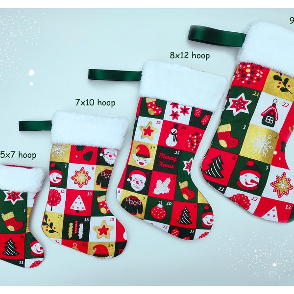 Christmas Stocking Digital for 5x7, 7x10, 8x12 and 9x14 hoops. Machine Embroidery Pattern socks with a lining, fur on both sides.