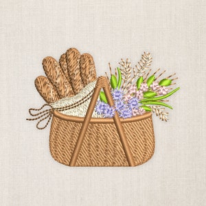 パン、バスケット、野の花、ミシン刺繍デザイン 2サイズ