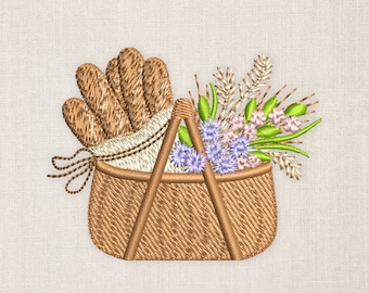 Bread Basket with Wildflowers Machine Embroidery Design Digital Download