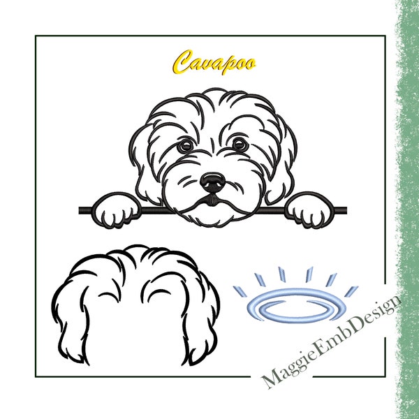 Cavapoo face, ears, halo, machine embroidery design, dog line art, Dog 3 digital designs - face, ears, halo in 5 sizes